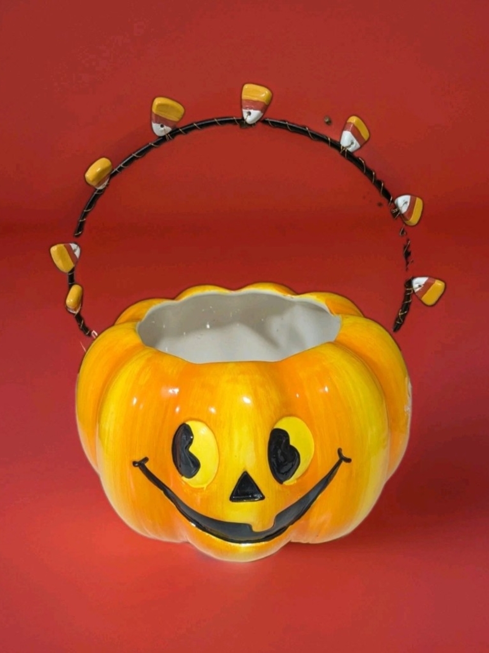 Halloween Pumpkin Candy Bucket - Orange Ceramic Jack-O'-Lantern - Picture 2 of 6